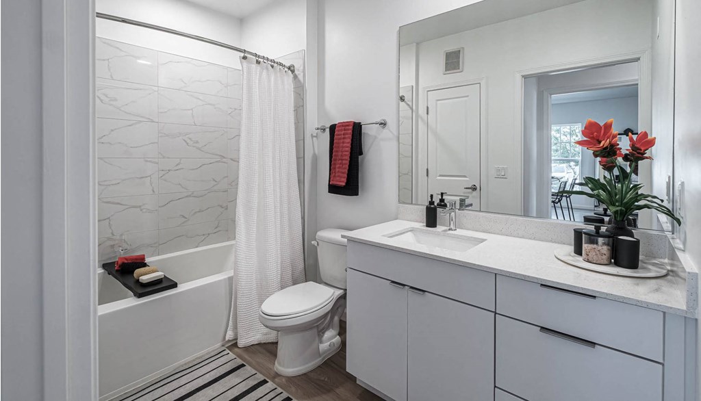 a bathroom with a shower and a sink and a toilet