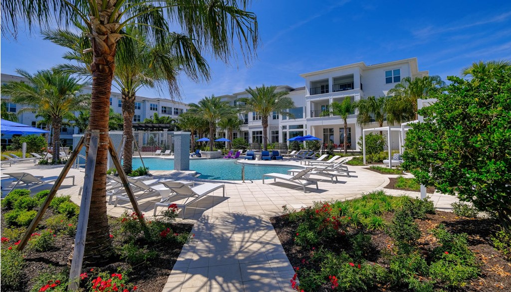 a resort style pool with lounge chairs and palm trees