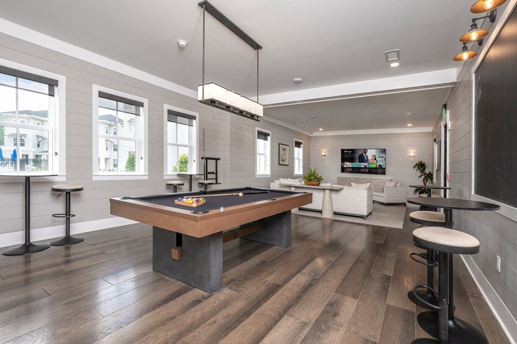 a game room with a pool table and a tv