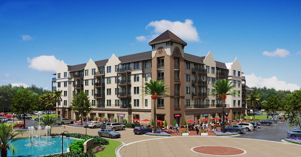a rendering of an apartment building with a pool and parking lot