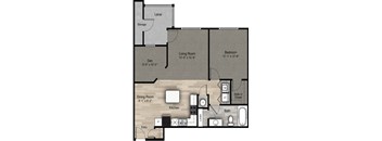 A floor plan of a house with a living room, dining room, kitchen, bathroom, and two bedrooms.