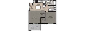 A floor plan of a house with a kitchen, dining room, living room, bedroom, bathroom, and laundry area.