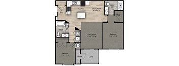 A floor plan of a house with a kitchen, dining room, living room, and three bedrooms.