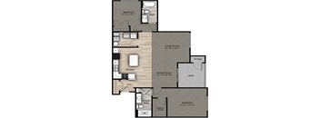 A floor plan of a house with a living room, kitchen, two bedrooms, a bathroom, and a laundry area.