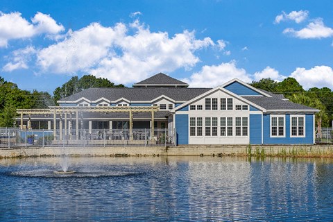 Shimmering lakes with lit fountains
