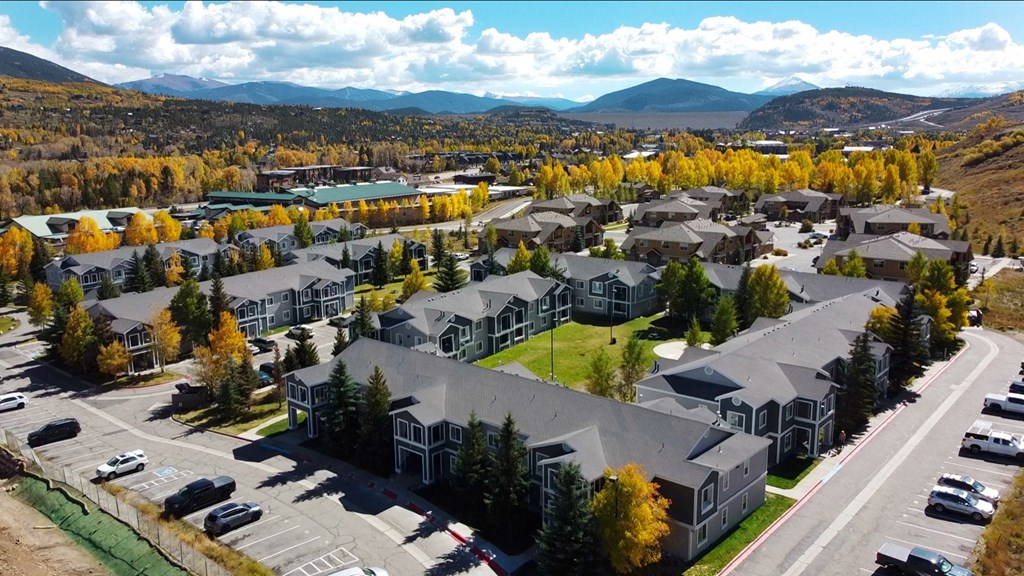 an aerial view of a city with a river and trees
