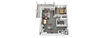 A top-down view of a modern apartment layout with a living room, kitchen, and bedroom.