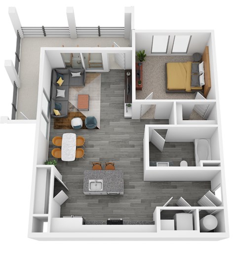 A top-down view of a modern apartment layout with a living room, kitchen, and bedroom.