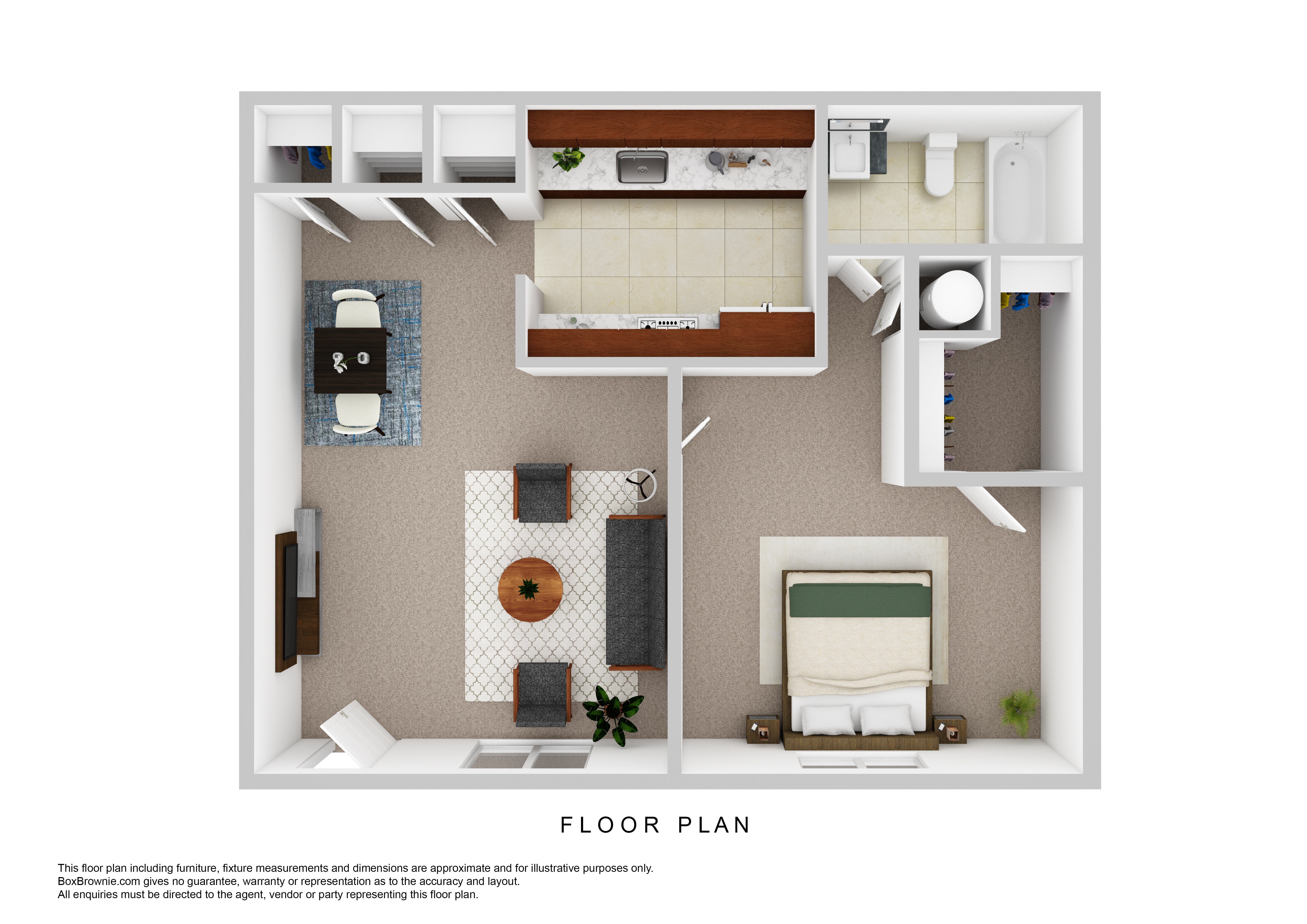 A floor plan of a room with a bed, a couch, a table, and a kitchenette.