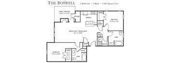 A black and white image of a floor plan for a two bedroom, two bath apartment.