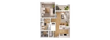 A series of images showing different views of a small apartment layout.