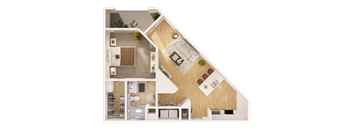 A top-down view of a house layout with a living room, kitchen, and bedrooms.