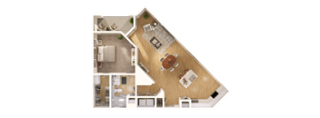A top-down view of a house layout with a living room, kitchen, and dining area.