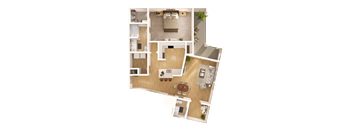 A 3D floor plan of a house with a kitchen, living room, dining room, and bedrooms.