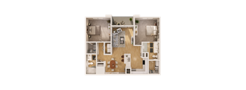 A top-down view of a small apartment with a kitchen, living room, and bathroom.