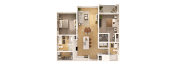 A top-down view of a small apartment layout with a kitchen, living room, and bathroom.