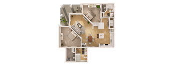 A top-down view of a house layout with a kitchen, living room, and bathroom.
