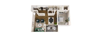 A top down view of a modern apartment with a living room, kitchen, and bathroom.