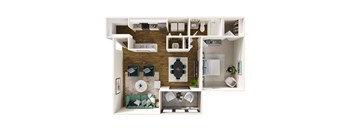 A top down view of a living room, kitchen, and bedroom in a small apartment.