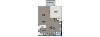 A floor plan of a home with a living room, dining room, kitchen, laundry, bath, and bedroom.