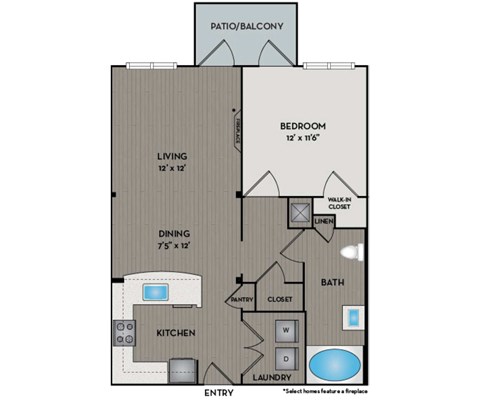 A floor plan of a home with a living room, dining room, kitchen, laundry, bath, and bedroom.