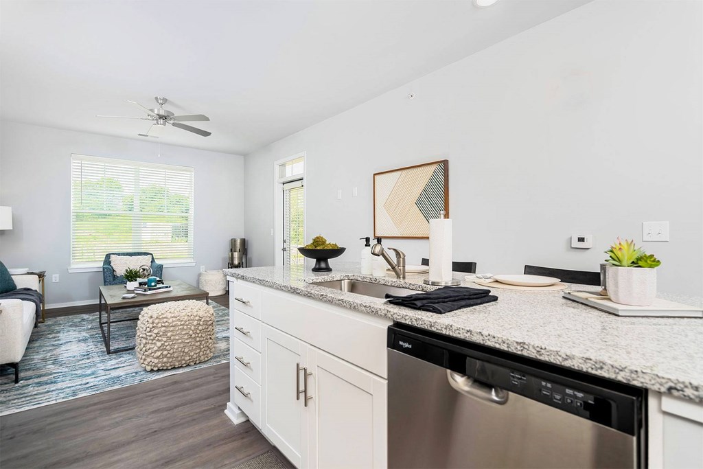 A modern kitchen with a stainless steel dishwasher and a ceiling fan.