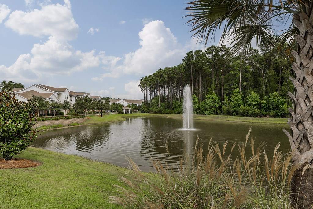 A fountain in the middle of a lake surrounded by grass.