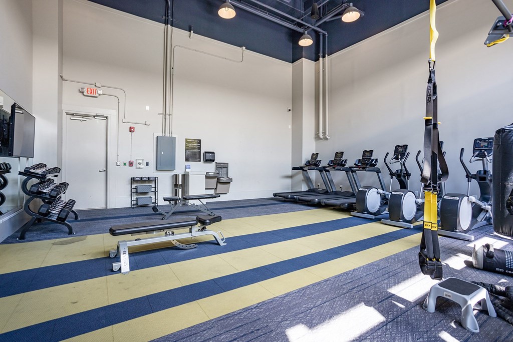 A gym with a variety of equipment including weights and machines.