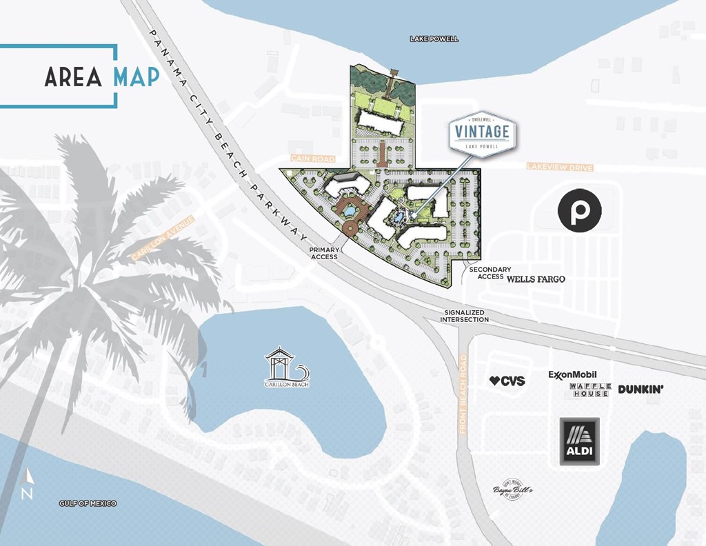 A map shows a Vintage hotel surrounded by palm trees and a body of water.