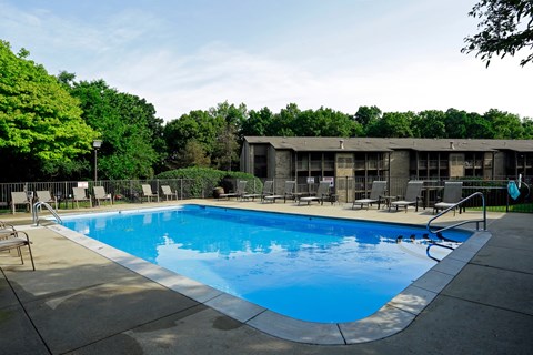 A swimming pool surrounded by trees and chairs.
