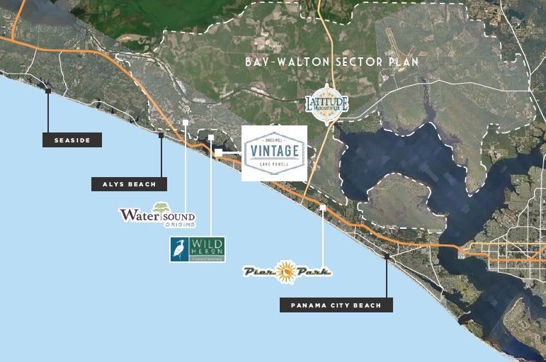 A map of the Bay Walton sector plan with labels for Seaside, Alys Beach, Water Sound, Wild, and Panama City Beach.