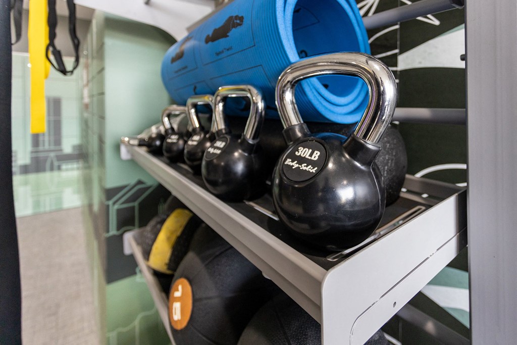 a row of kettlebells on a cart in a gym