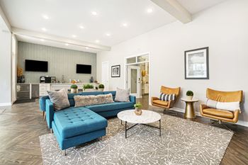 A living room with a blue sofa and a coffee table.
