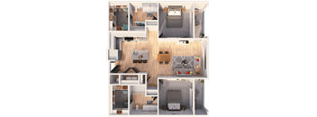 A 3D floor plan of a house with multiple rooms and furniture.