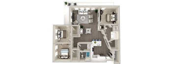 A 3D floor plan of a house with a living room, kitchen, and bedrooms.
