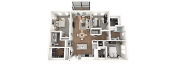 A 3D floor plan of a house showing a living room, kitchen, and two bedrooms.