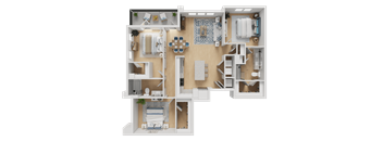 A 3D floor plan of a house with a kitchen, living room, and bathroom.