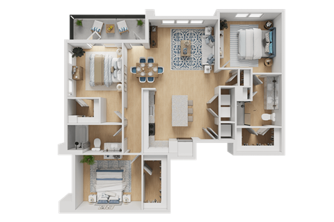 A 3D floor plan of a house with a kitchen, living room, and bathroom.