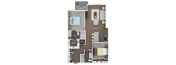 A floor plan of a small apartment with a living room, kitchen, two bedrooms, and bathroom.