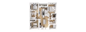 A top-down view of a small apartment with a kitchen, living room, and bathroom.