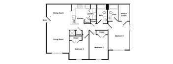A floor plan of a house with a living room, dining room, kitchen, bathrooms, and three bedrooms.