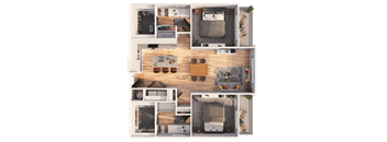 A top-down view of a house layout with a living room, kitchen, and bedrooms.