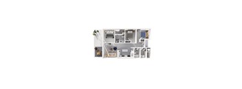 A white floor plan of an apartment with a kitchen, living room, and bathroom.