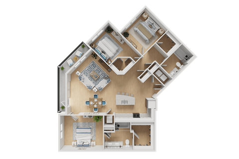 A detailed 3D floor plan of a house showing all rooms and their layout.