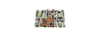 A 3D floor plan of a house with a kitchen, living room, and bedrooms.
