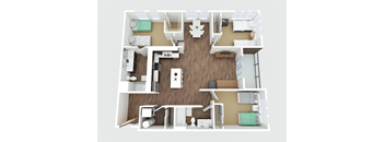 A top-down view of a small apartment with a kitchen, living room, and bedroom.