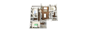 a 3d rendering of a 3 bedroom floor plan with roommates