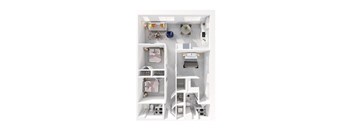A white image of a dollhouse with furniture and decorations.