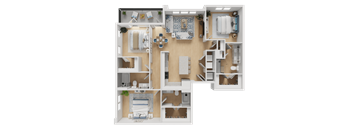 A detailed 3D floor plan of a small apartment layout.