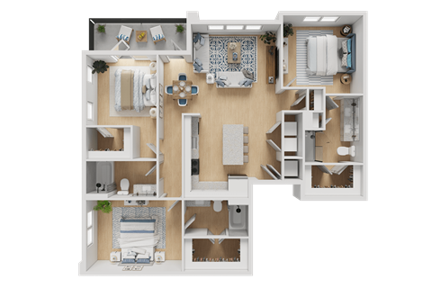 A detailed 3D floor plan of a small apartment layout.